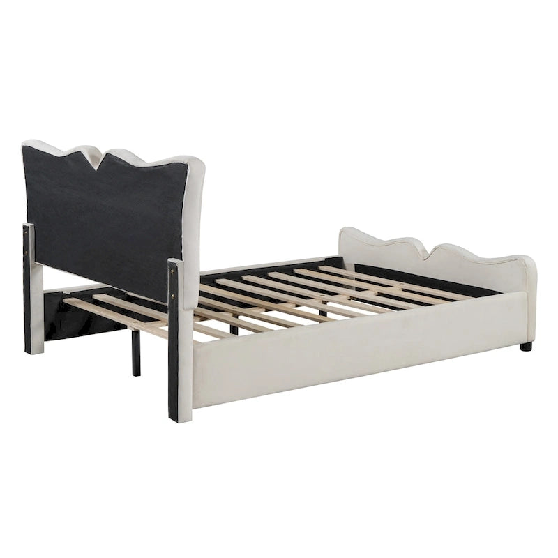 Beige Full Size Velvet Upholstered Platform Bed with Distinctive Headboard and Footboard