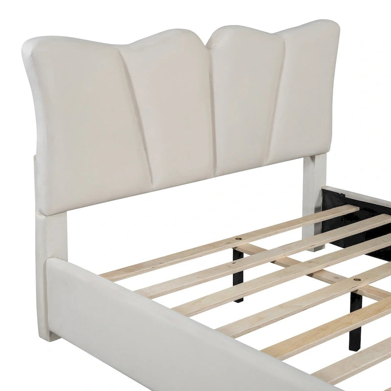 Beige Full Size Velvet Upholstered Platform Bed with Distinctive Headboard and Footboard