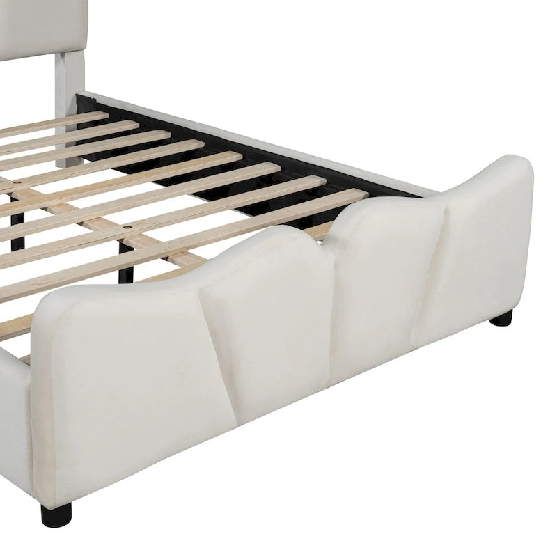 Beige Full Size Velvet Upholstered Platform Bed with Distinctive Headboard and Footboard