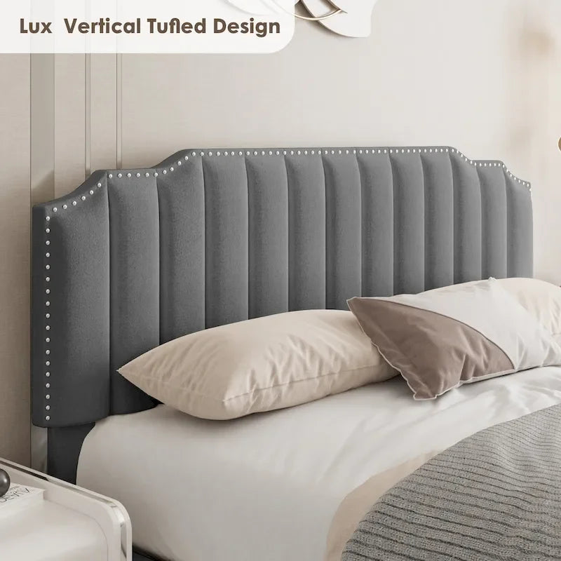 Gray Full Size Velvet Upholstered Platform Bed with Storage Space