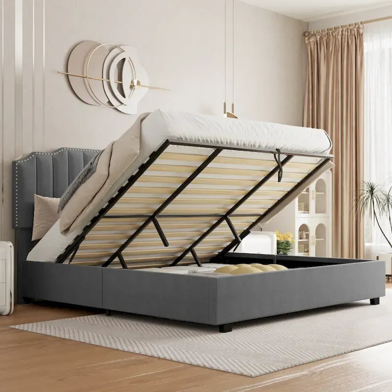 Gray Full Size Velvet Upholstered Platform Bed with Storage Space