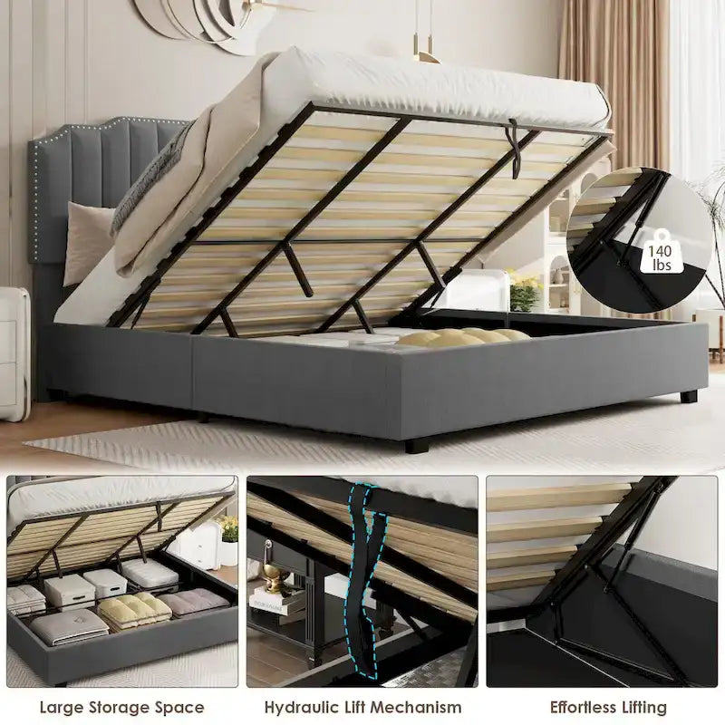 Gray Full Size Velvet Upholstered Platform Bed with Storage Space
