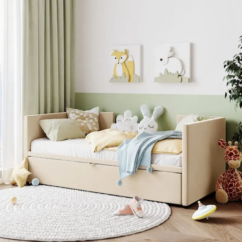 Beige Upholstered Twin Daybed with Pop-Up Trundle