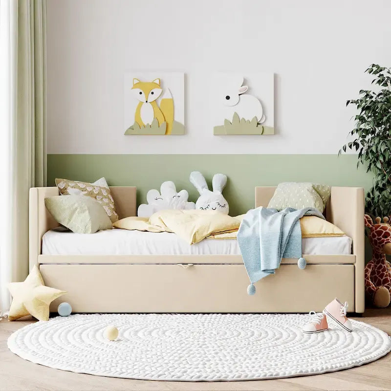 Beige Upholstered Twin Daybed with Pop-Up Trundle