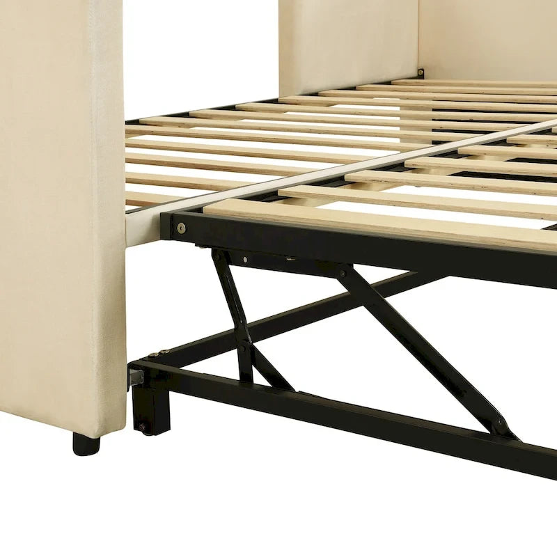 Beige Upholstered Twin Daybed with Pop-Up Trundle