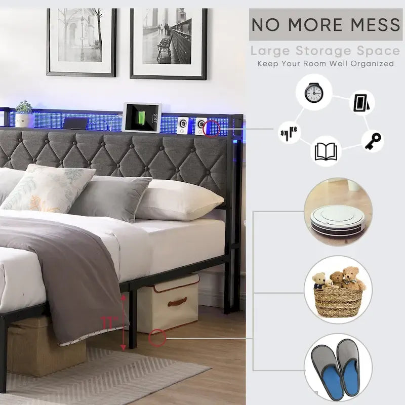 Grey Full Bed with Storage & LED