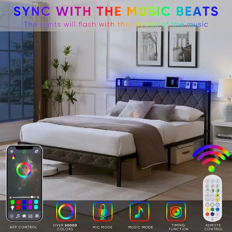 Grey Full Bed with Storage & LED