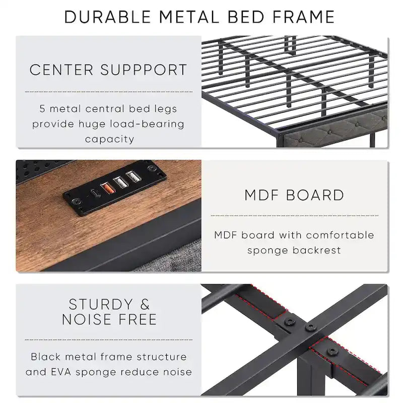 Grey Full Bed with Storage & LED