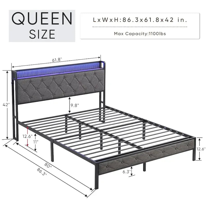 Grey Full Bed with Storage & LED