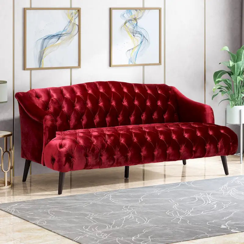 Wine Red Modern 73.25 Button Tufted 3-seater Sofa with Birch Wood Legs for Living Room
