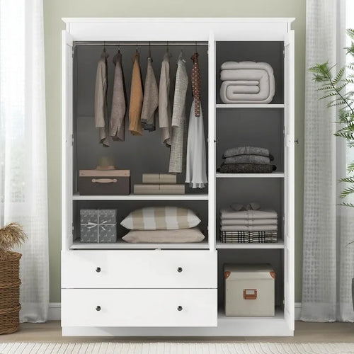 47.2 Modern Armoire with 3 Shutter Doors, 2 Drawers and 4 Storage Shelves