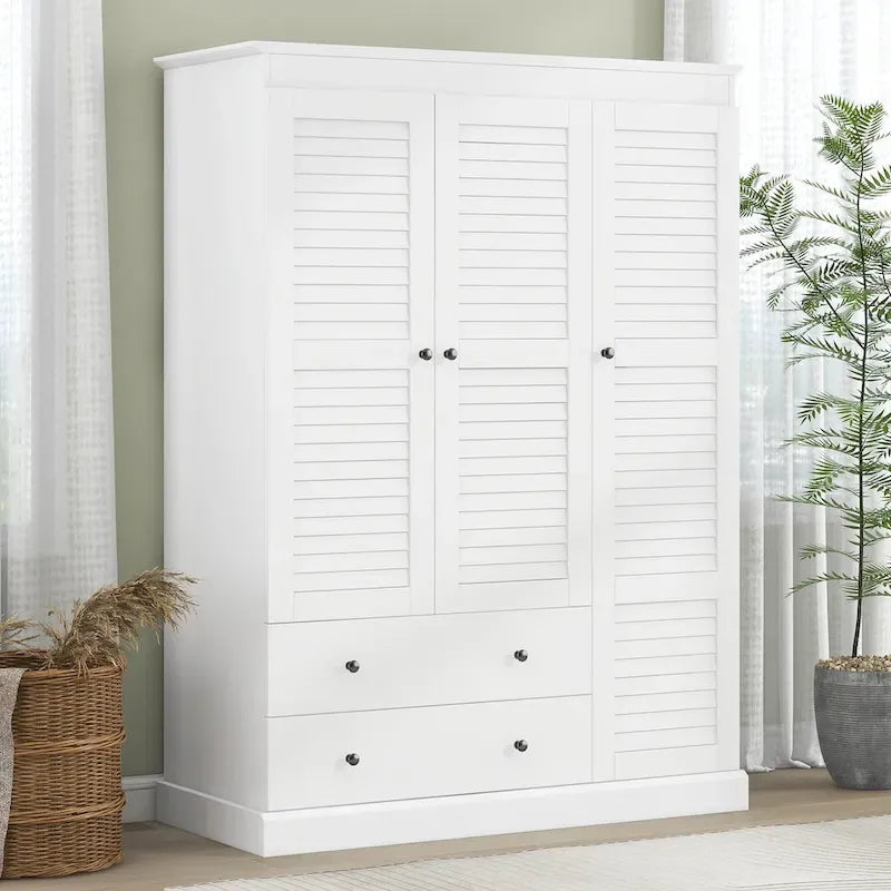 47.2 Modern Armoire with 3 Shutter Doors, 2 Drawers and 4 Storage Shelves