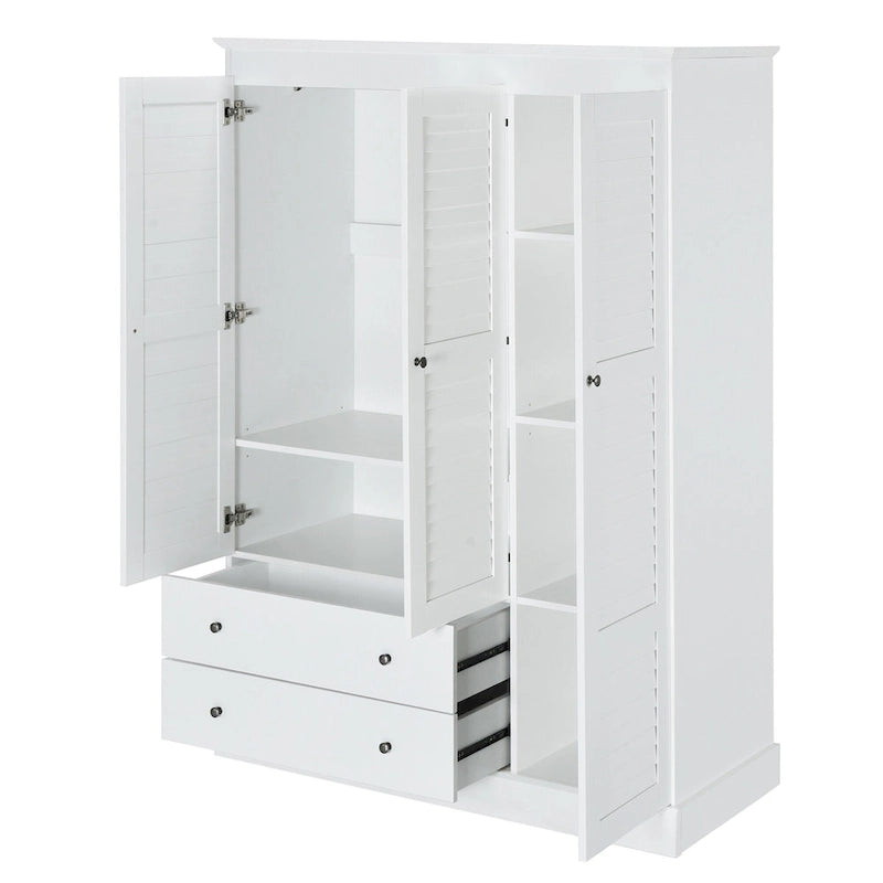 47.2 Modern Armoire with 3 Shutter Doors, 2 Drawers and 4 Storage Shelves