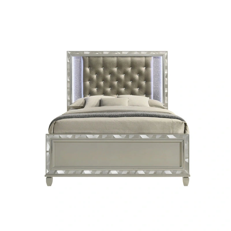Gray And Sliver Bed with Tufted Headboard