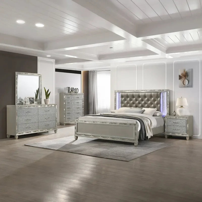Gray And Sliver Bed with Tufted Headboard