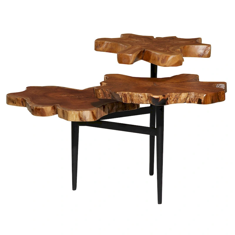 Teak Wood Handmade Live Edge 3 Tier Accent Table with Black Base - Brown - 36W x 34L x 24H