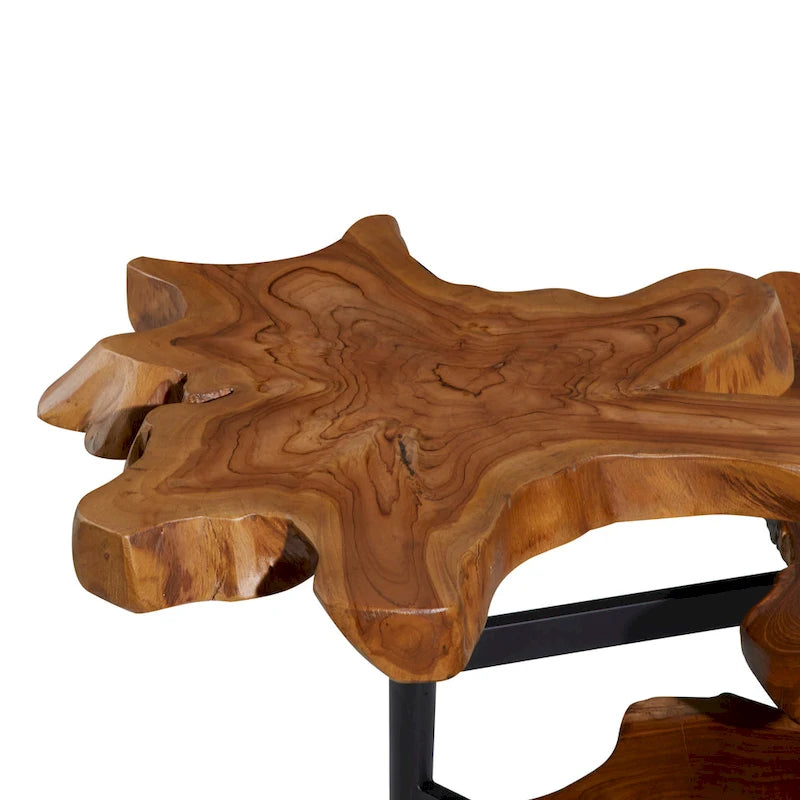 Teak Wood Handmade Live Edge 3 Tier Accent Table with Black Base - Brown - 36W x 34L x 24H