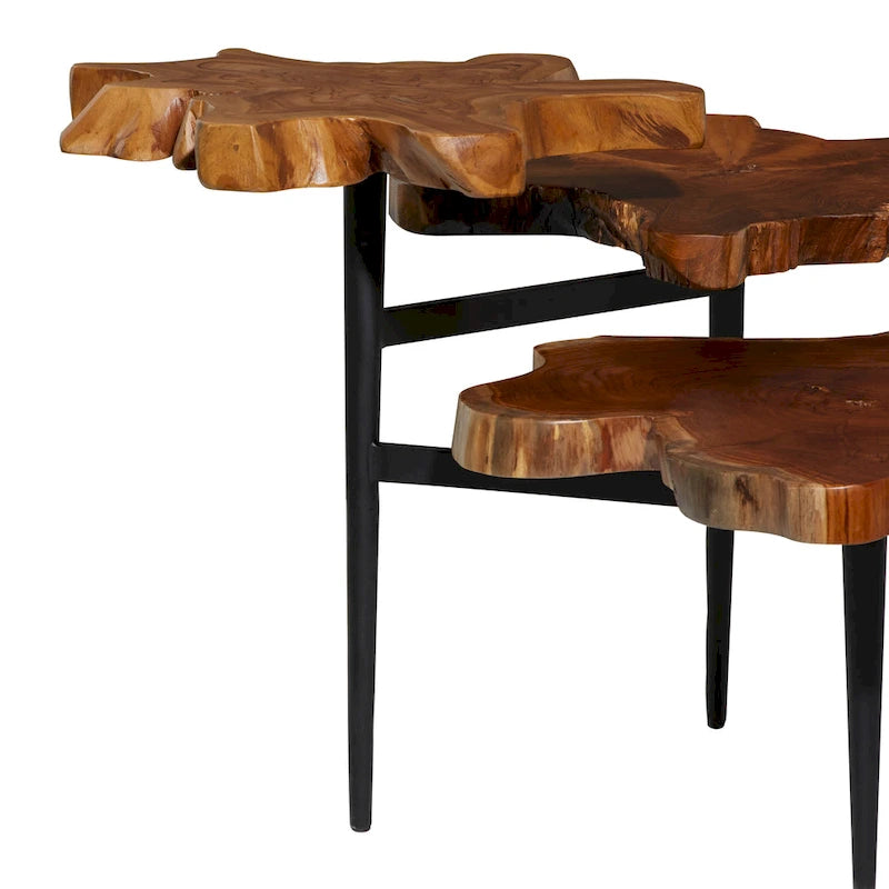 Teak Wood Handmade Live Edge 3 Tier Accent Table with Black Base - Brown - 36W x 34L x 24H