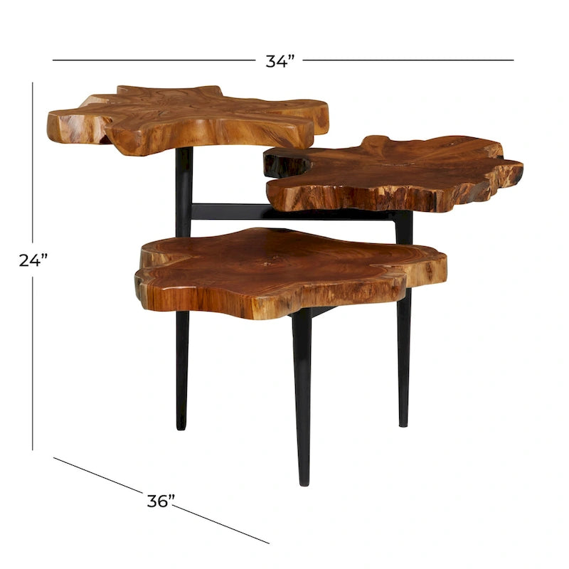 Teak Wood Handmade Live Edge 3 Tier Accent Table with Black Base - Brown - 36W x 34L x 24H