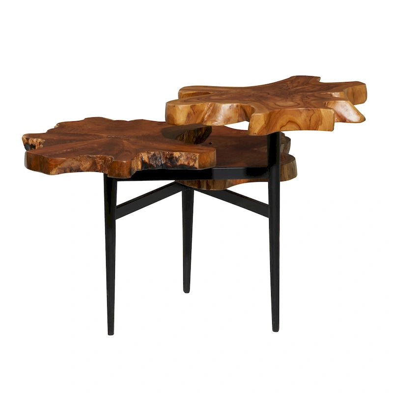 Teak Wood Handmade Live Edge 3 Tier Accent Table with Black Base - Brown - 36W x 34L x 24H