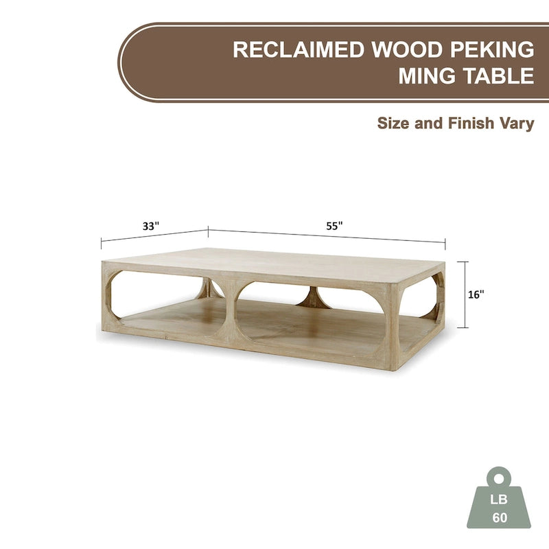 Reclaimed Wood Peking Ming Coffee Table, Small, 55 Inch Long, Weathered White Wash