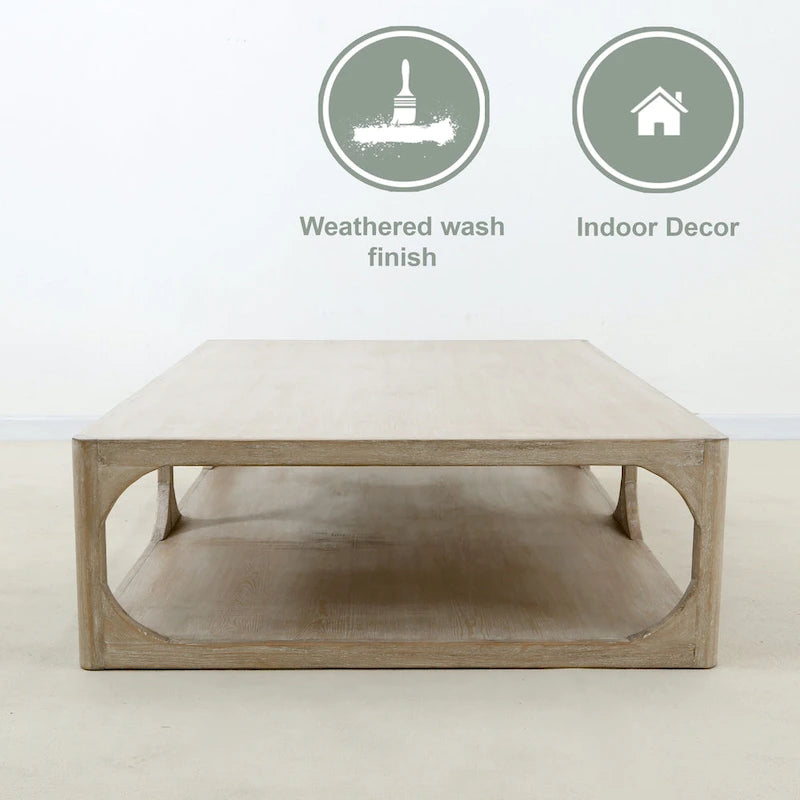 Reclaimed Wood Peking Ming Coffee Table, Small, 55 Inch Long, Weathered White Wash