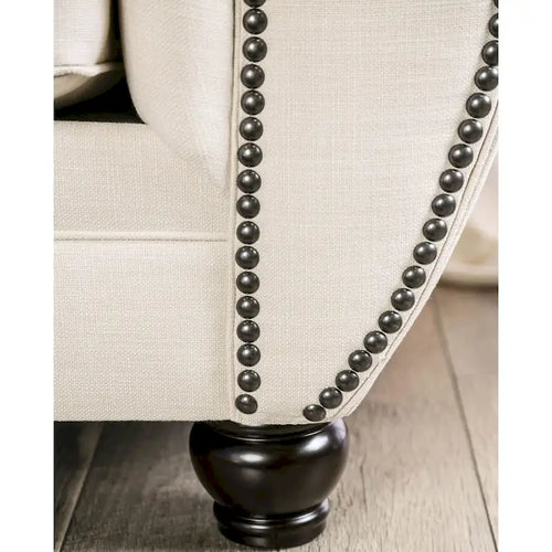 Beige Fabric Upholstered Tufted Nailhead Trim Sofa by