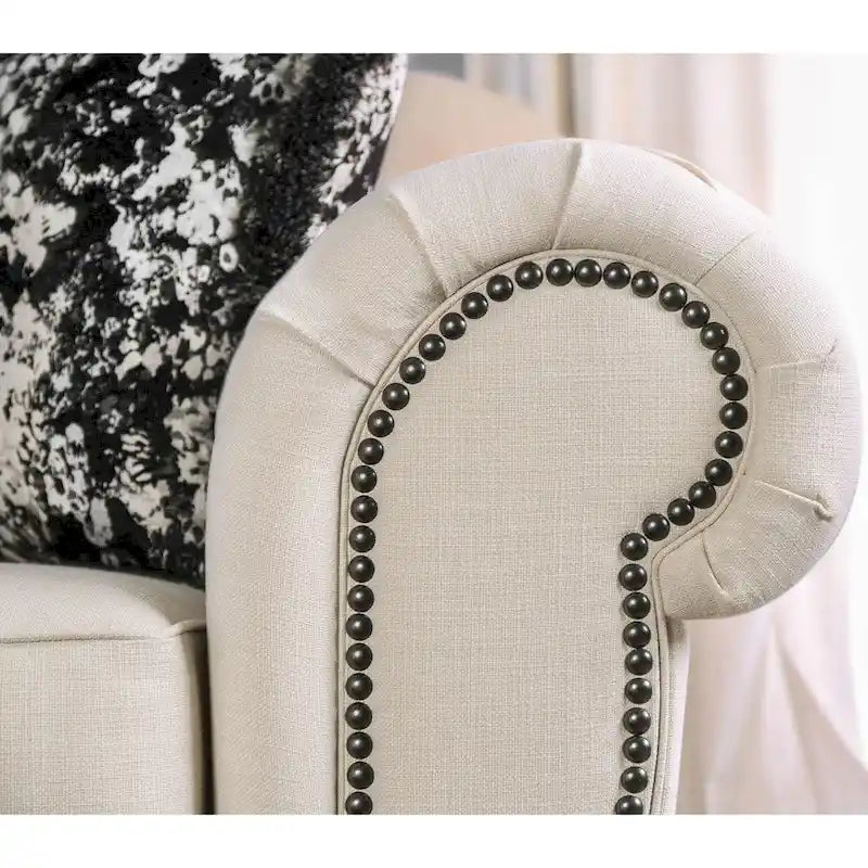 Beige Fabric Upholstered Tufted Nailhead Trim Sofa by
