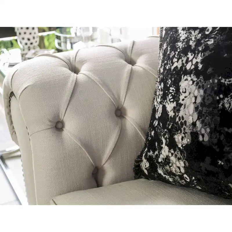 Beige Fabric Upholstered Tufted Nailhead Trim Sofa by