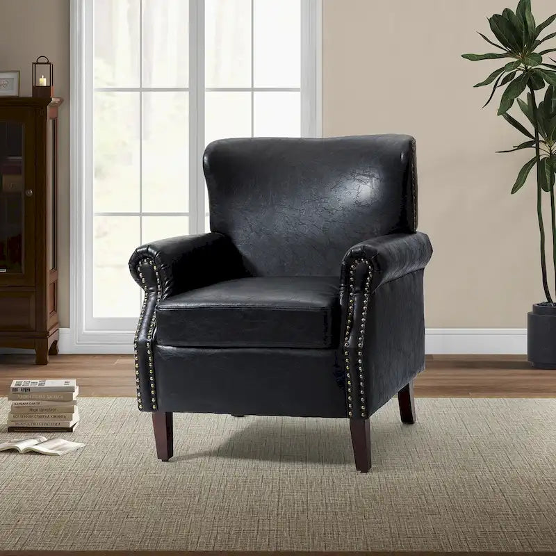 Transitional Leather Armchair with Nailhead Trim Rolled Arms by