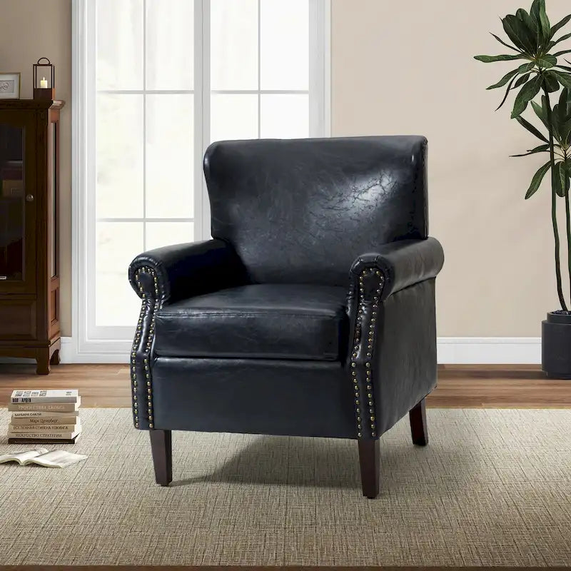 Transitional Leather Armchair with Nailhead Trim Rolled Arms by