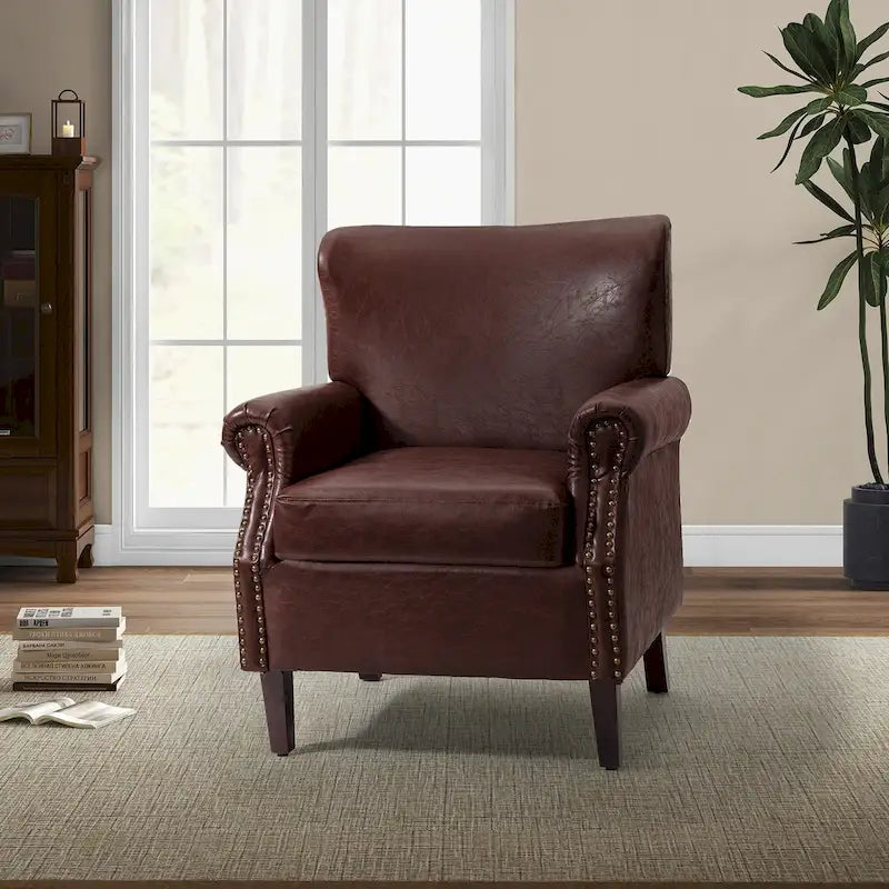 Transitional Leather Armchair with Nailhead Trim Rolled Arms by