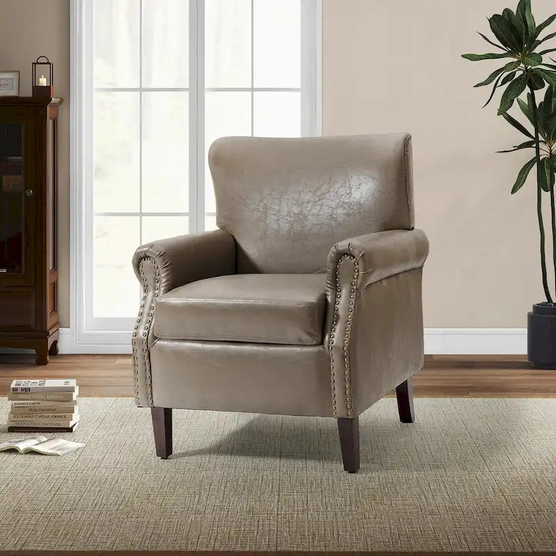 Transitional Leather Armchair with Nailhead Trim Rolled Arms by