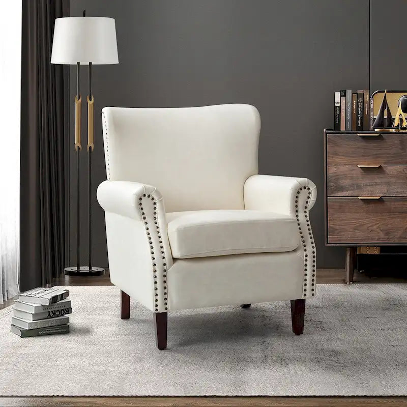 Transitional Leather Armchair with Nailhead Trim Rolled Arms by