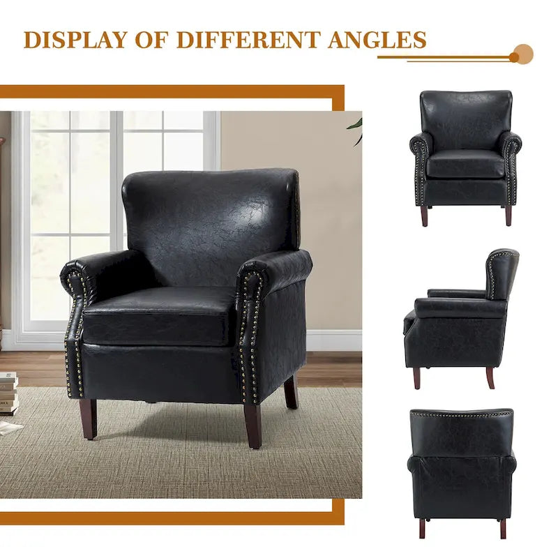 Transitional Leather Armchair with Nailhead Trim Rolled Arms by