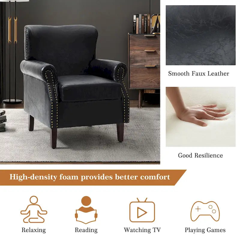 Transitional Leather Armchair with Nailhead Trim Rolled Arms by