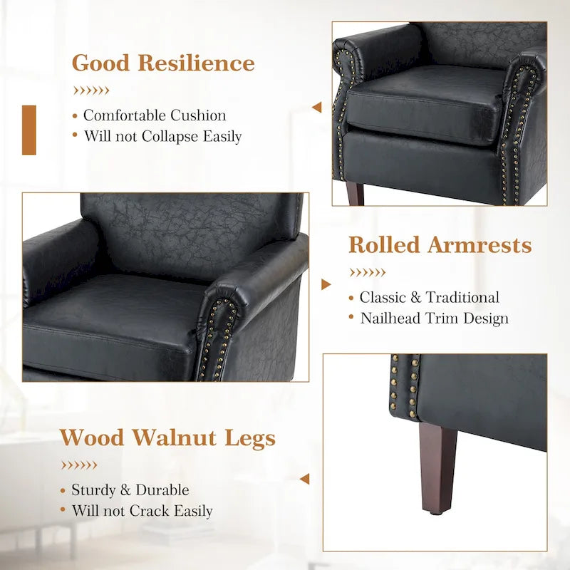 Transitional Leather Armchair with Nailhead Trim Rolled Arms by