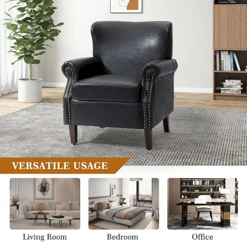 Transitional Leather Armchair with Nailhead Trim Rolled Arms by