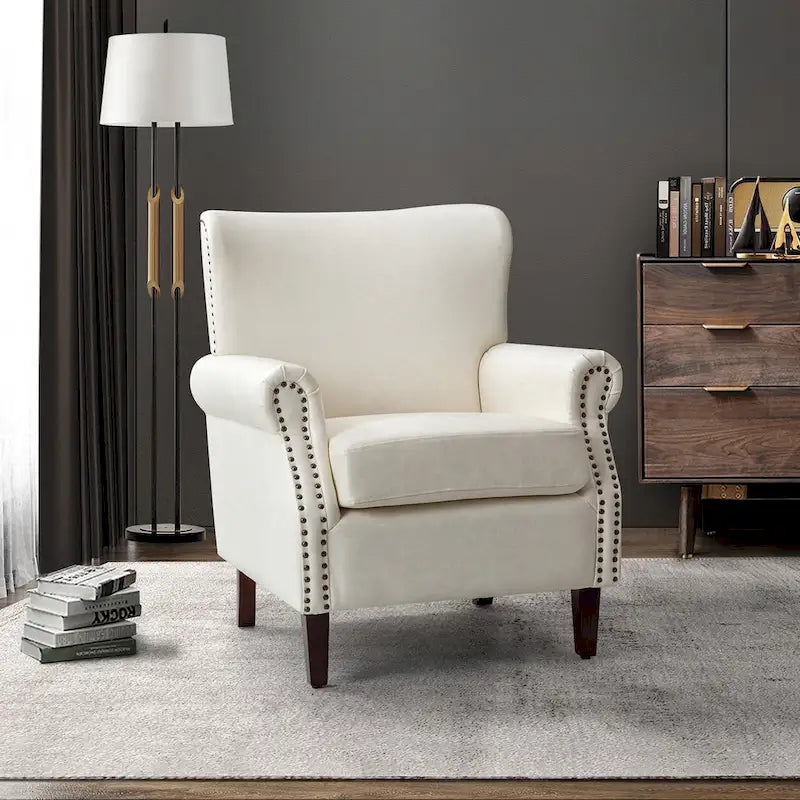 Transitional Leather Armchair with Nailhead Trim Rolled Arms by