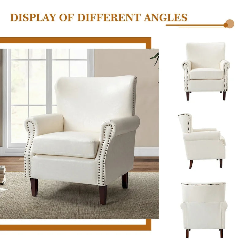 Transitional Leather Armchair with Nailhead Trim Rolled Arms by
