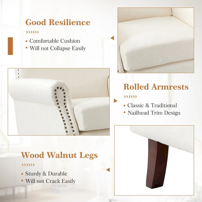 Transitional Leather Armchair with Nailhead Trim Rolled Arms by