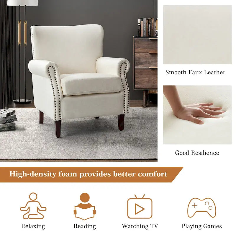 Transitional Leather Armchair with Nailhead Trim Rolled Arms by