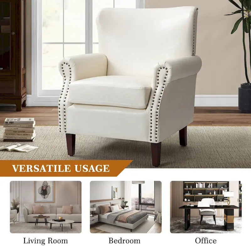 Transitional Leather Armchair with Nailhead Trim Rolled Arms by