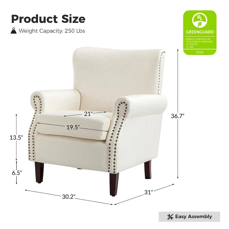 Transitional Leather Armchair with Nailhead Trim Rolled Arms by