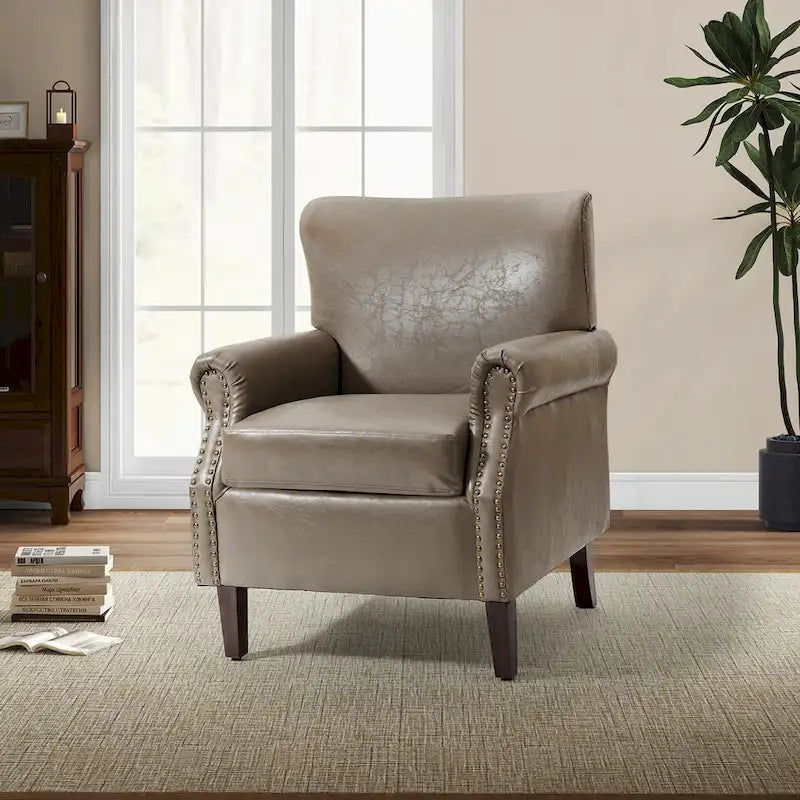 Transitional Leather Armchair with Nailhead Trim Rolled Arms by