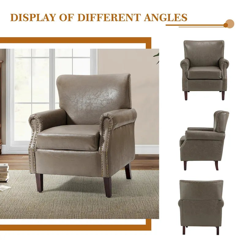Transitional Leather Armchair with Nailhead Trim Rolled Arms by