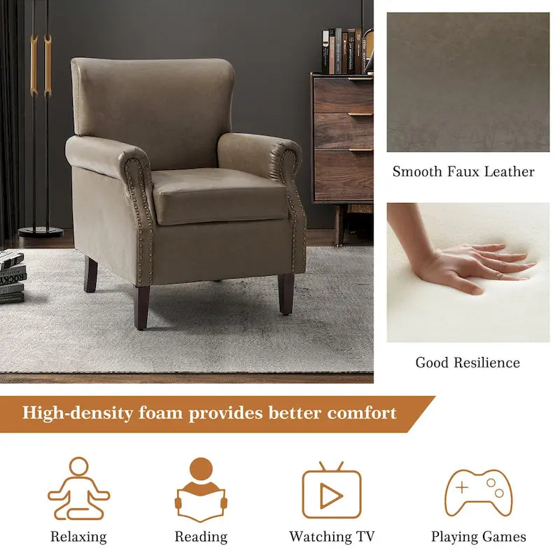 Transitional Leather Armchair with Nailhead Trim Rolled Arms by