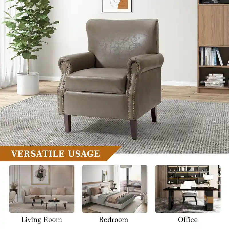 Transitional Leather Armchair with Nailhead Trim Rolled Arms by