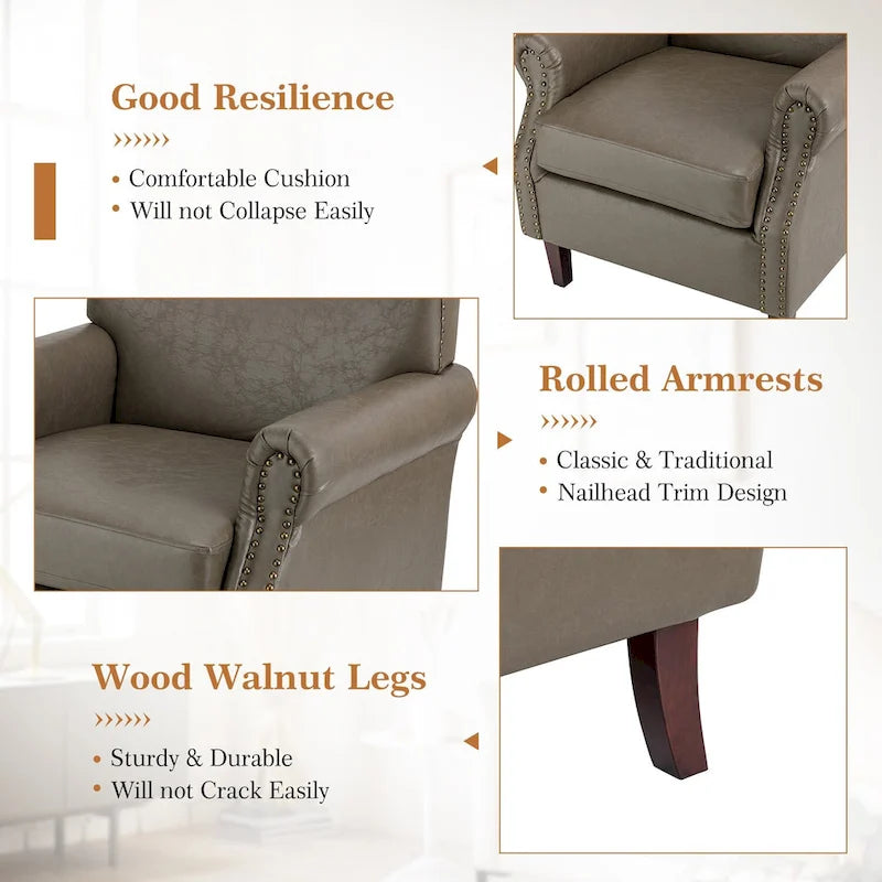 Transitional Leather Armchair with Nailhead Trim Rolled Arms by