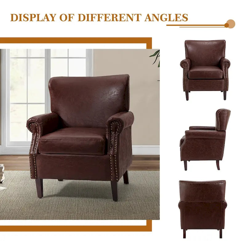 Transitional Leather Armchair with Nailhead Trim Rolled Arms by